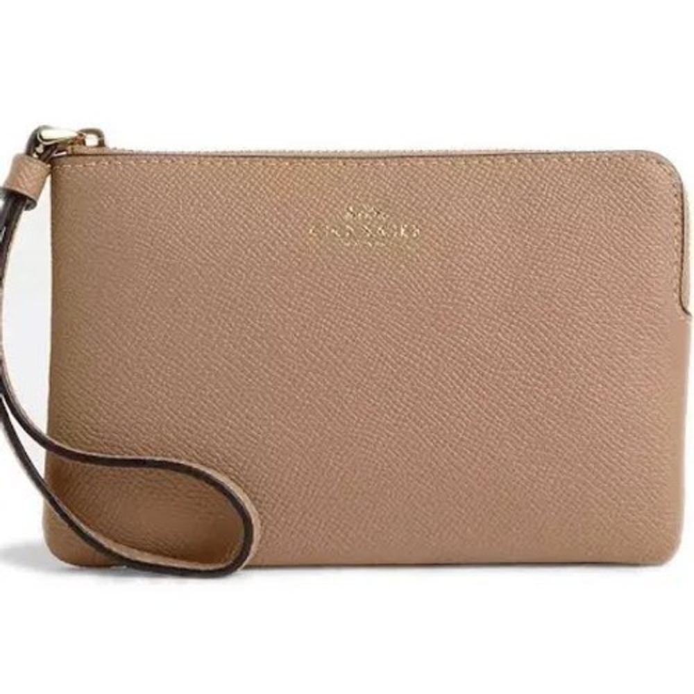 NWT Coach Corner Zip Wristlet Women Small Taupe Gold Crossgrain Leather CV396